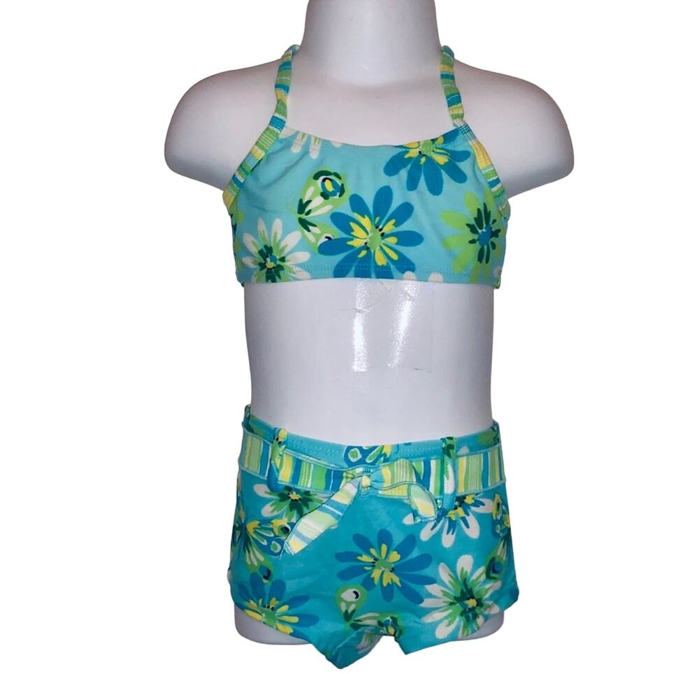 Baby Girls 24M Blue Floral Bandeau Boy Shorts Bikini Swimsuit Set Sand N Sun